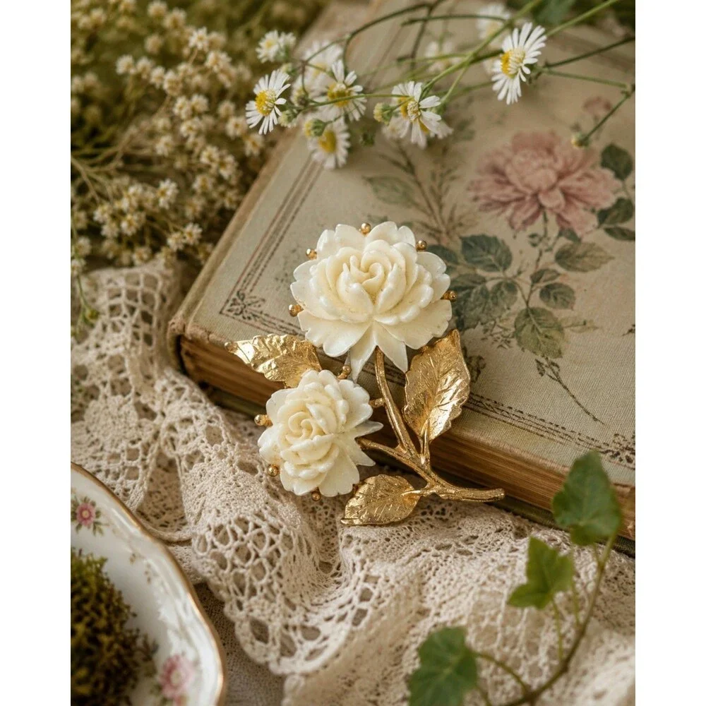 Vintage Style Ivory Rose Brooch, Gold Tone Floral Pin, Cottagecore Jewelry